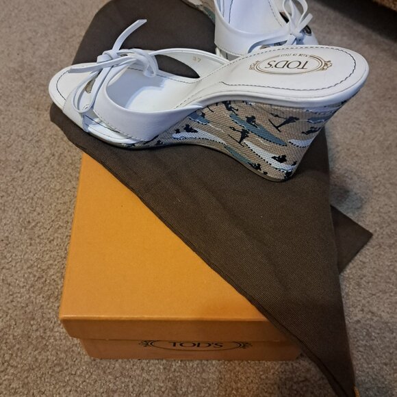 TOD'S High Heel Mules Wedge Sandals White Leather Size US 6.5 EUR Size 37 - Picture 2 of 7